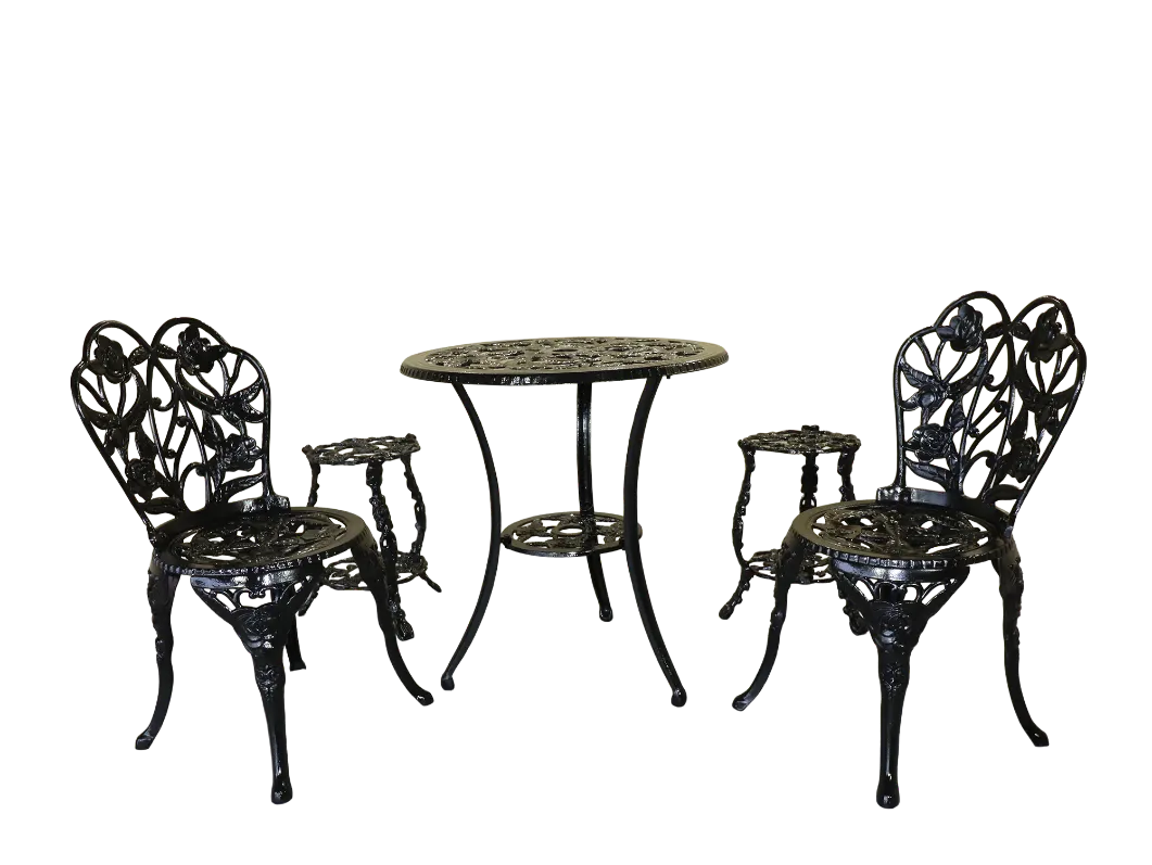 lack rose-pattern cast iron and aluminum bistro set with two chairs, a round table, and two plant stands.