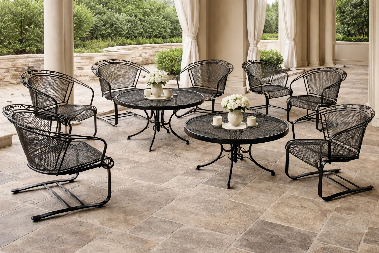 Eight piece Russell Woodard Wrought Iron barrel chairs