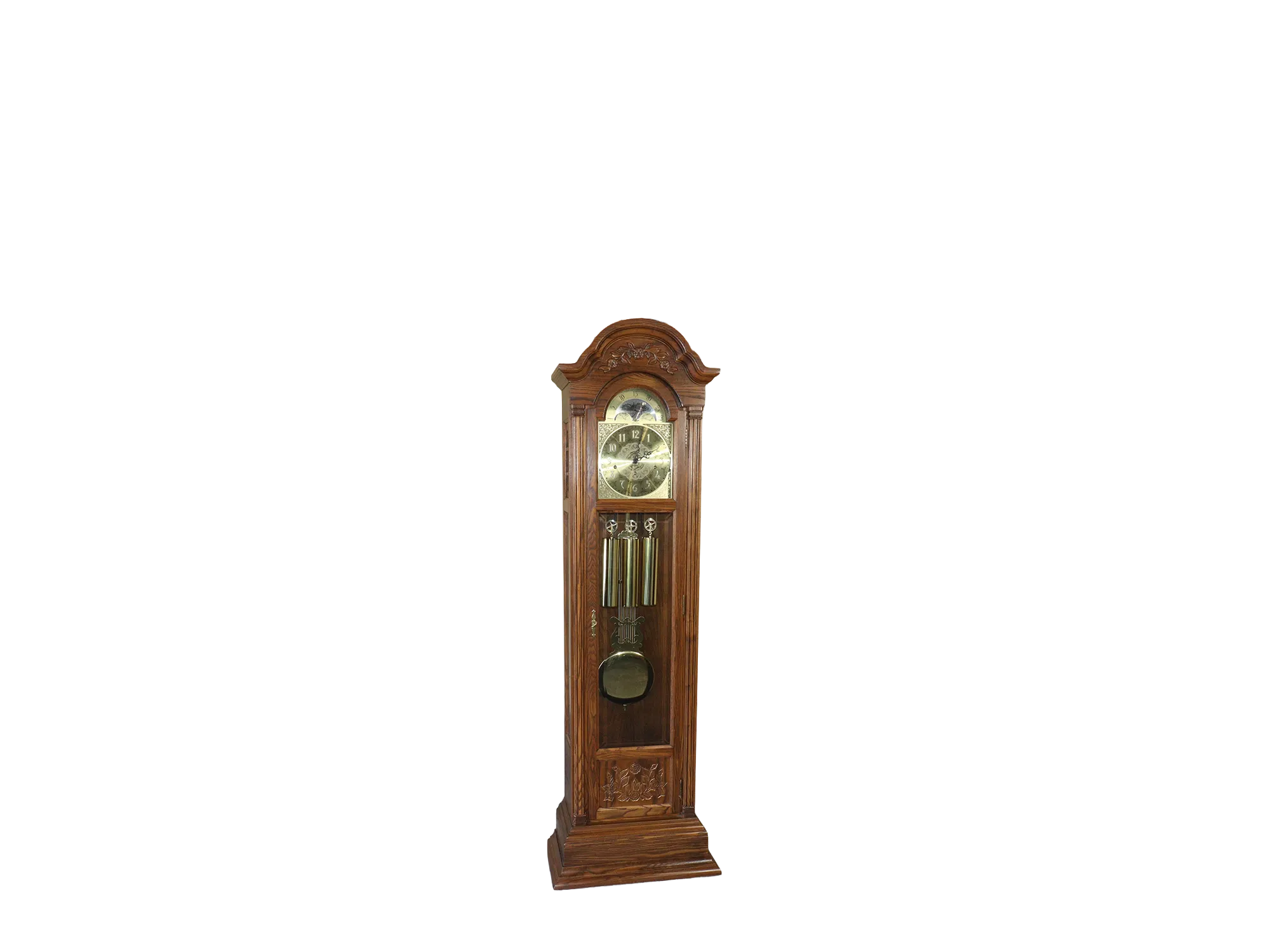 Vintage Seth Thomas 4499A grandfather clock with carved floral wood case, gold-tone moon-phase dial, three weights, and lyre pendulum.