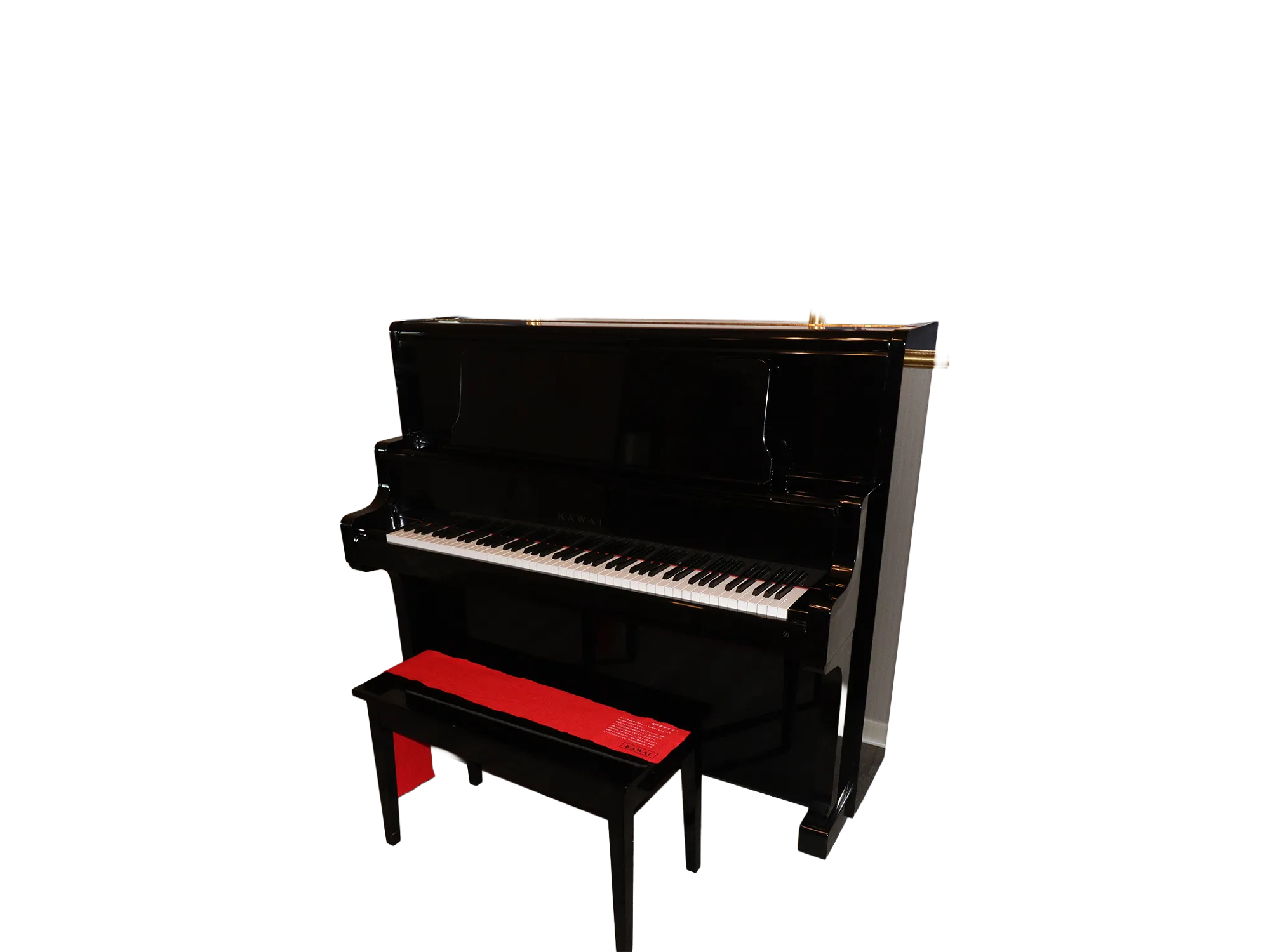 1983 Kawai US-50 polished ebony upright piano with matching black bench and red felt keyboard cover draped over the bench.