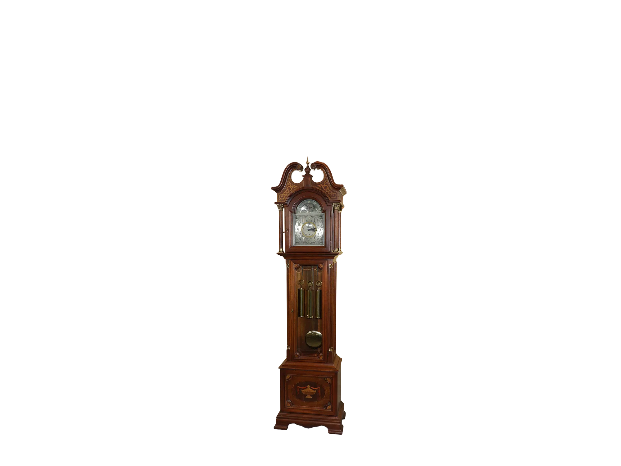 Ridgeway Victory at Yorktown grandfather clock with decorative wood inlay, commemorative moon-phase dial, brass weights, and pendulum against a light brown paneled wall.